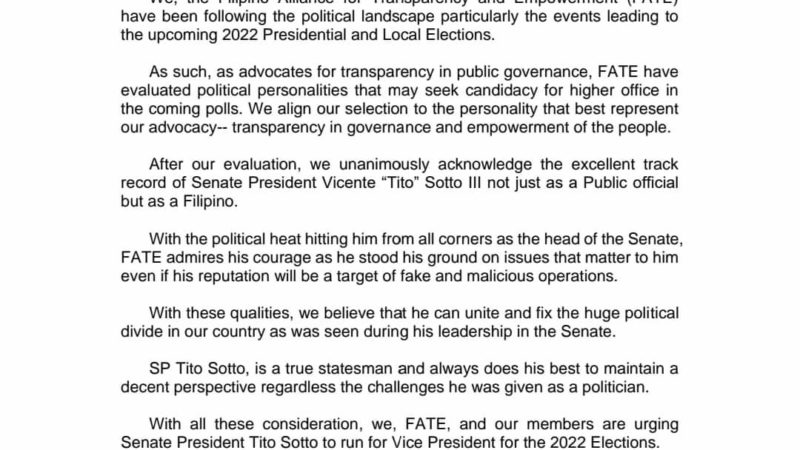 Transparency Group hinikayat si Senate President Tito Sotto na tumakbong bise presidente
