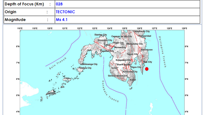 Governor Generoso, Davao Oriental niyanig ng magnitude 4.1 na lindol