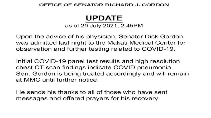 Senator Richard Gordon na-admit sa ospital matapos magpositibo sa COVID-19