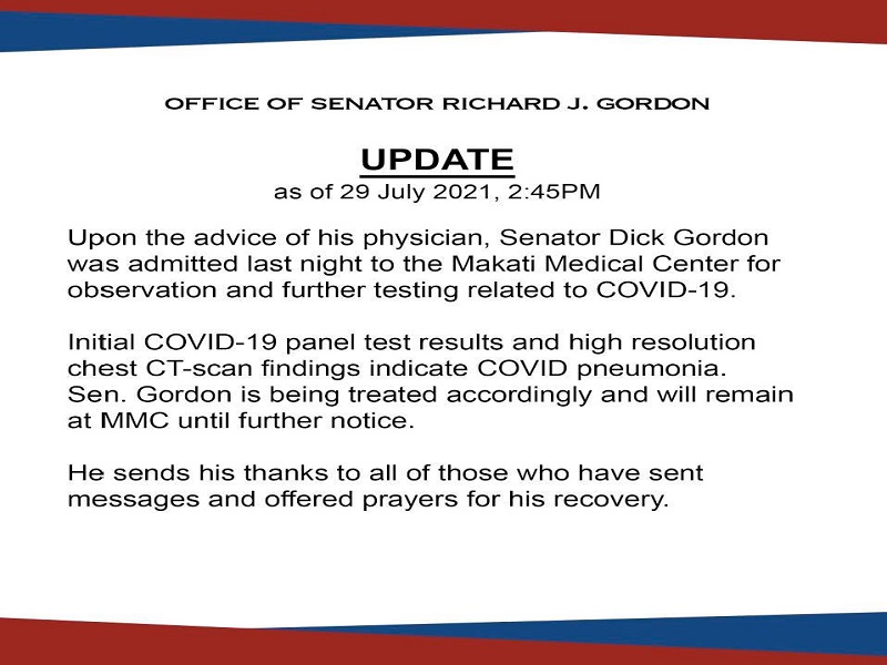 Senator Richard Gordon na-admit sa ospital matapos magpositibo sa COVID-19