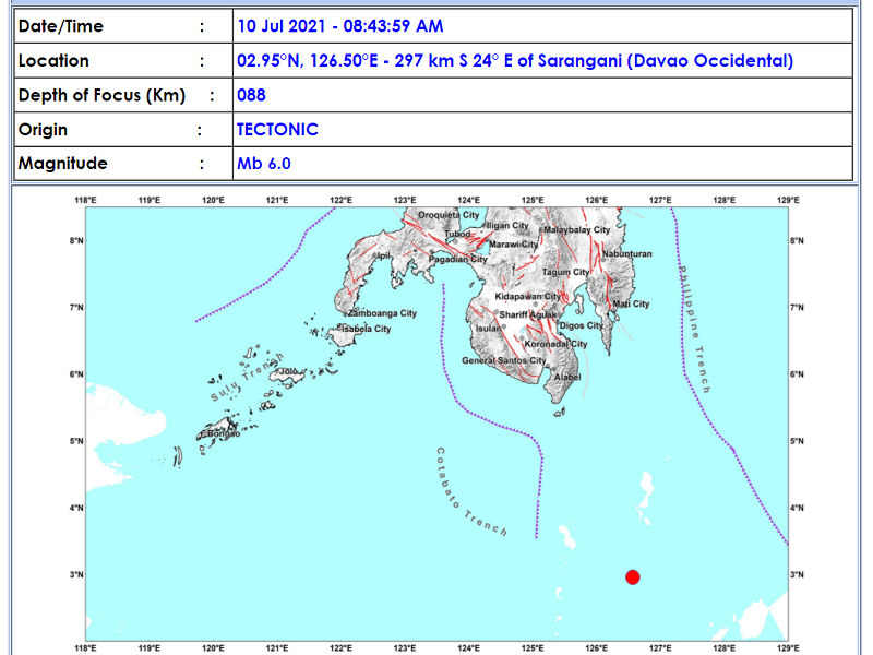 BREAKING: Sarangani, Davao Occidental niyanig ng magnitude 6.0 na lindol