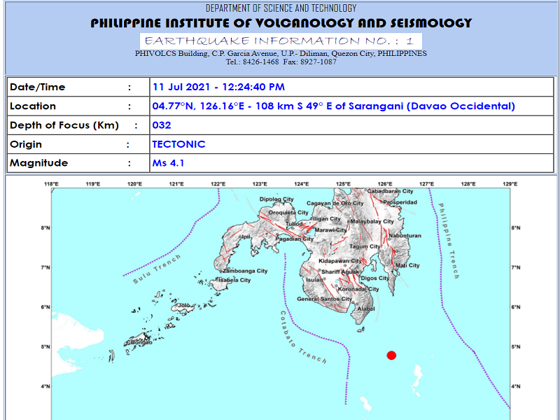 Sarangani, Davao Occidental niyanig ng magnitude 4.1 na lindol