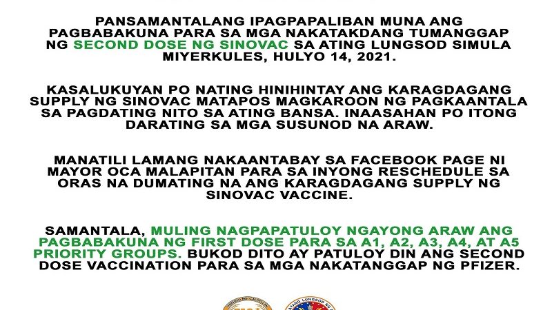 Second dose vaccination ng Sinovac sa Caloocan City pansamantalang ihihinto