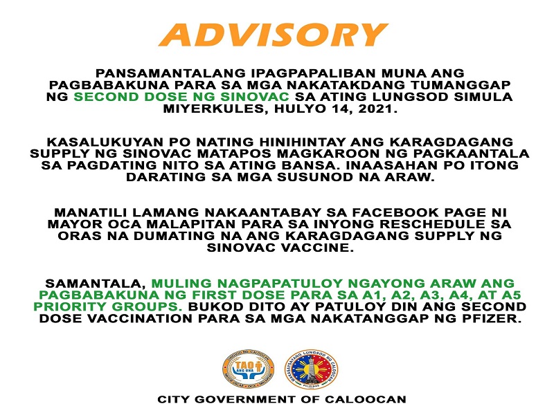 Second dose vaccination ng Sinovac sa Caloocan City pansamantalang ihihinto