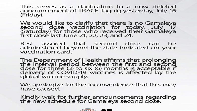 Pagtuturok ng second dose ng Gamaleya vaccine sa Taguig City sinuspinde