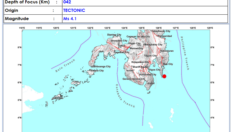 Governor Generoso, Davao Oriental niyanig ng magnitude 4.1 na lindol