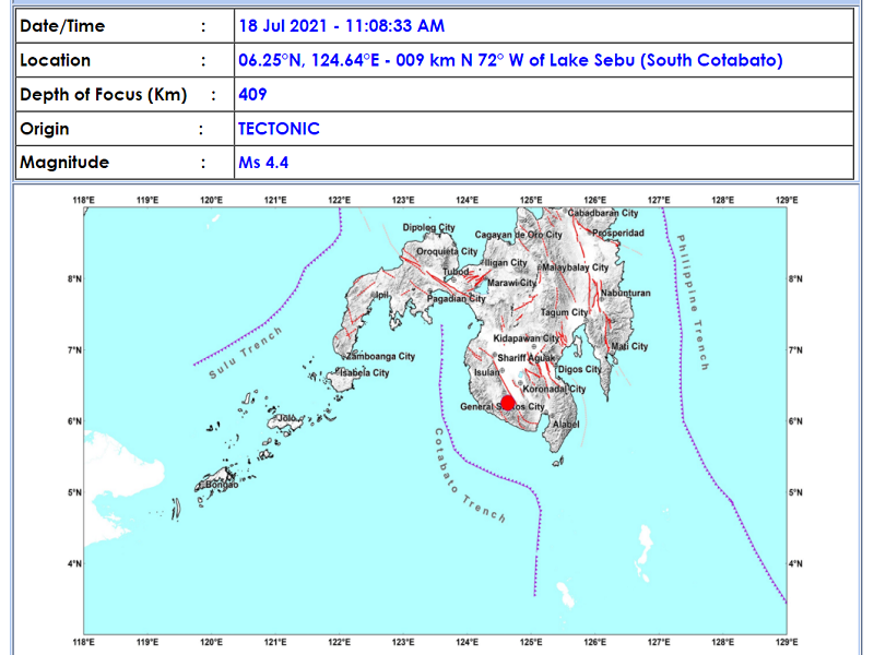 Lake Sebu, South Cotabato niyanig ng magnitude 4.4 na lindol