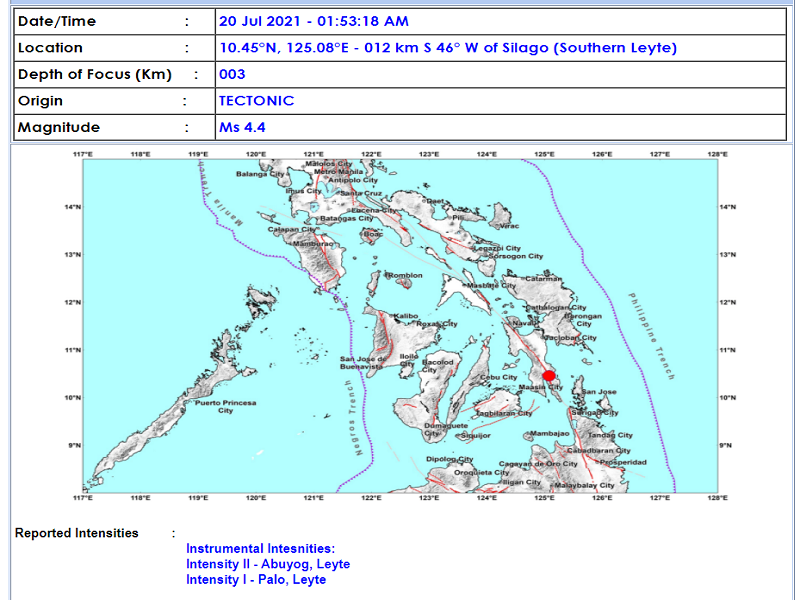 Silago, Southern Leyte niyanig ng magnitude 4.4 na lindol