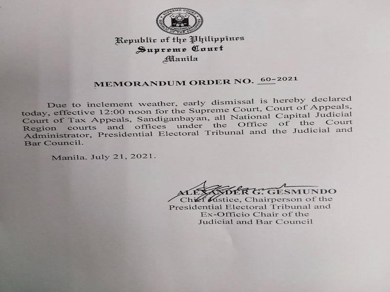 Pasok sa trabaho sa mga korte sa Metro Manila suspendido na mula mamayang alas 12 ng tanghali