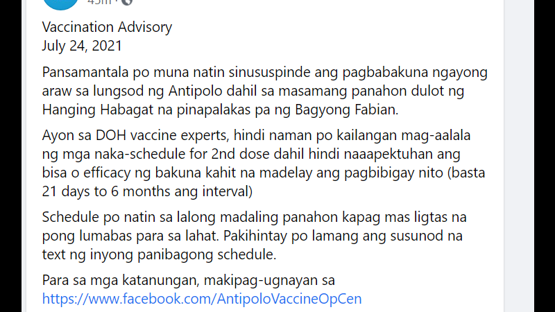 Pagbabakuna sa Antipolo suspendido muna dahil sa sama ng panahon