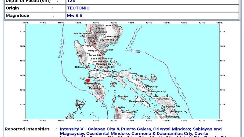 Magnitude 6.6 na lindol tumama sa Batangas; pagyanig naramdaman sa Metro Manila