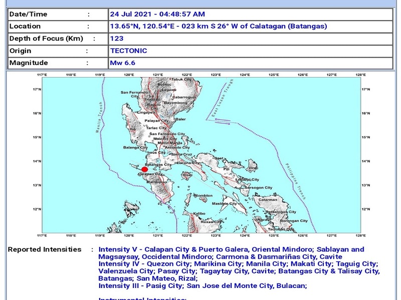 Magnitude 6.6 na lindol tumama sa Batangas; pagyanig naramdaman sa Metro Manila