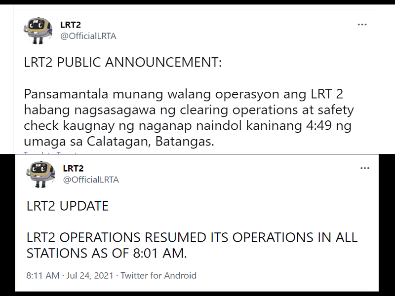 Operasyon ng LRT-2 naapektuhan dahil sa malakas na pagyanig na tumama sa Batangas