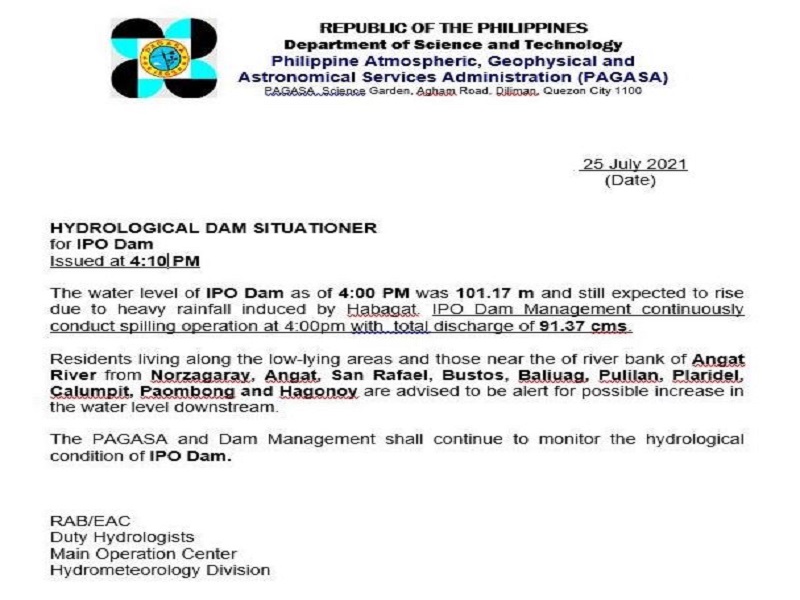 Ipo dam nagpapakawala na ng tubig, mga residente sa mabababang lugar sa Bulacan inalerto ng PAGASA