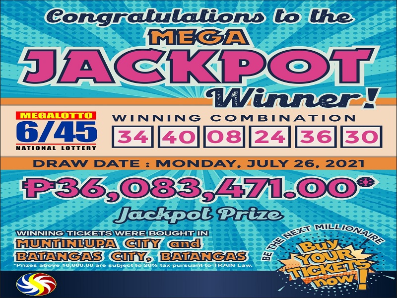 Dalawang bettor wagi ng jackpot prize sa Mega Lotto