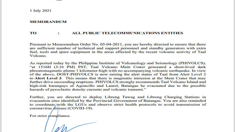 Telcos inatasan ng NTC na maging handa kaugnay sa patuloy na pag-aalburuto ng Bulkang Taal