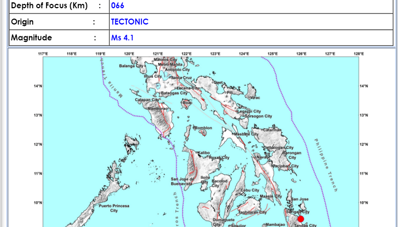 Carrascal, Surigao Del Sur niyanig ng magnitude 4.1 na lindol