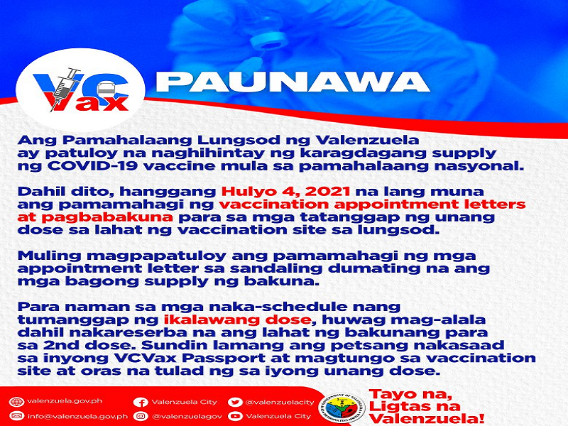 Pagtanggap ng vaccination appointment at pagbabakuna sa Valenzuela City inihinto muna dahil wala nang suplay ng bakuna