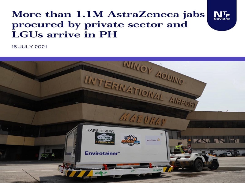 Mahigit 1.1M doses ng AstraZeneca vaccines na binili ng pribadong sektor at LGUs dumating na sa bansa