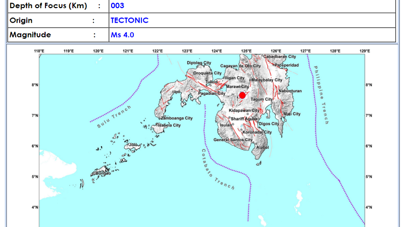 Kadingilan, Bukidnon niyanig ng magnitude 4.3 na lindol