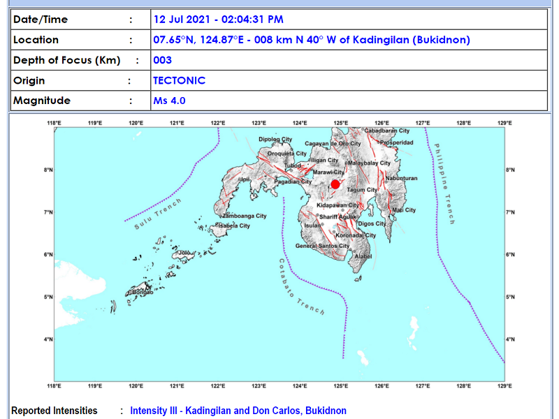 Kadingilan, Bukidnon niyanig ng magnitude 4.3 na lindol