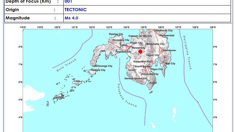 Kadingilan, Bukidnon niyanig ng magnitude 4.0 na lindol