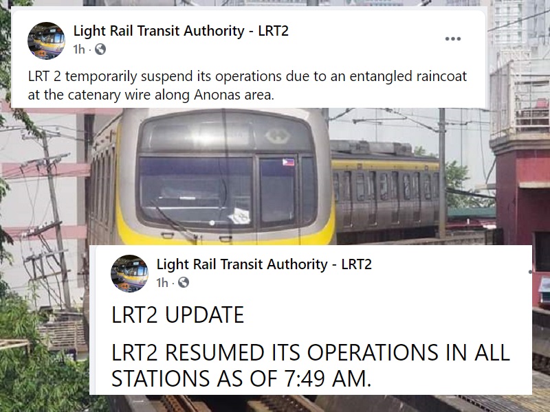 Operasyon ng LRT-2 nagka-aberya dahil sa kapote na sumabit sa catenary wire