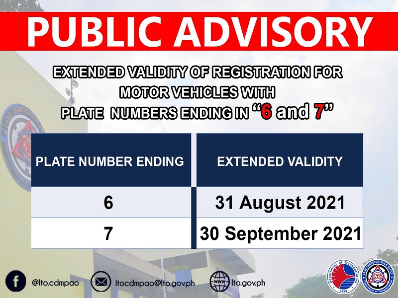 Validity ng registration para sa mga sasakyan na may plakang nagtatapos sa 6 and 7 pinalawig ng LTO