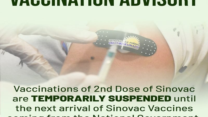 Second dose vaccination ng Sinovac sa Las Piñas City pansamantalang ihihinto