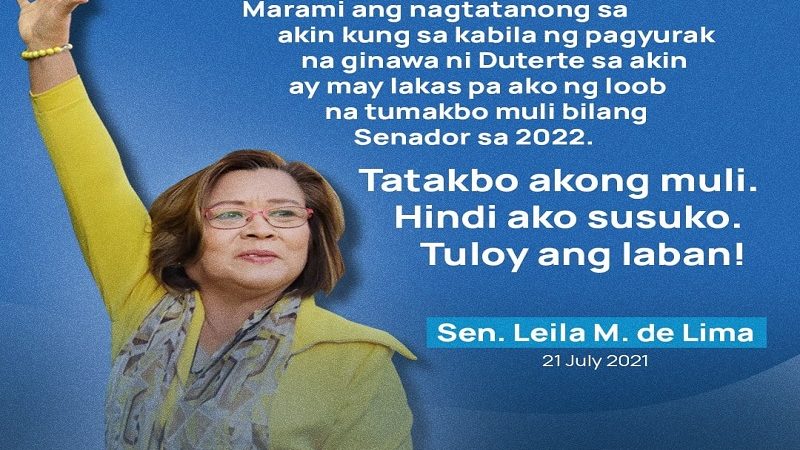 Senator Leila De Lima muling tatakbong senador sa 2022 elections