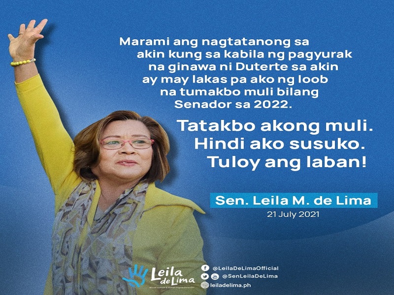 Senator Leila De Lima muling tatakbong senador sa 2022 elections