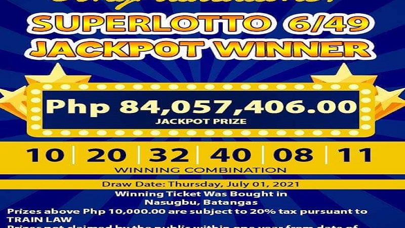 Batangueño wagi ng mahigit P84M na jackpot sa Super Lotto