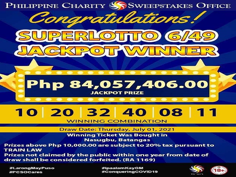 Batangueño wagi ng mahigit P84M na jackpot sa Super Lotto