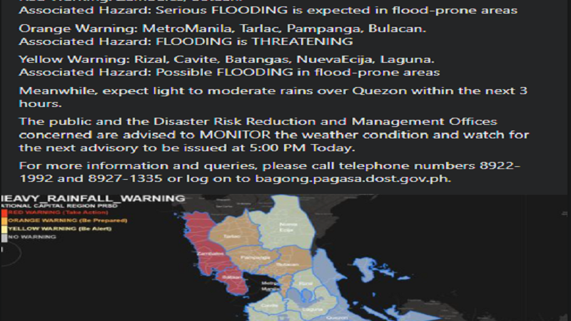 Red warning itinaas ng PAGASA sa Zambales at Bataan; orange warning nakataas sa Metro Manila