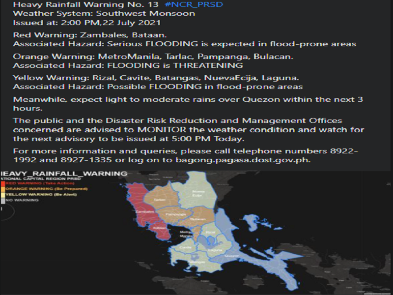 Red warning itinaas ng PAGASA sa Zambales at Bataan; orange warning nakataas sa Metro Manila