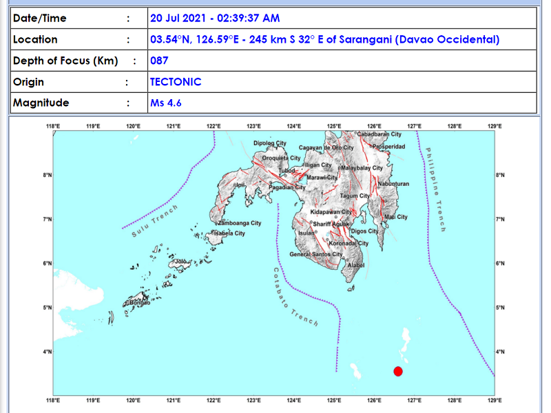 Sarangani, Davao Occidental niyanig ng magnitude 4.6 na lindol