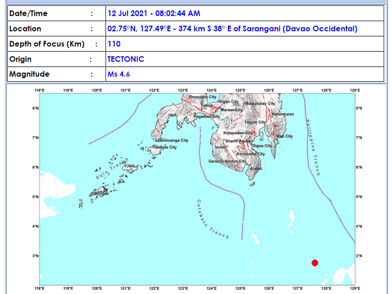 Sarangani, Davao Occidental niyanig ng magnitude 4.6 na lindol