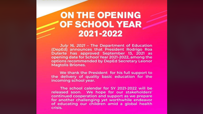 School Year 2021-2022 pormal na magbubukas sa Sept. 13 ayon sa DepEd