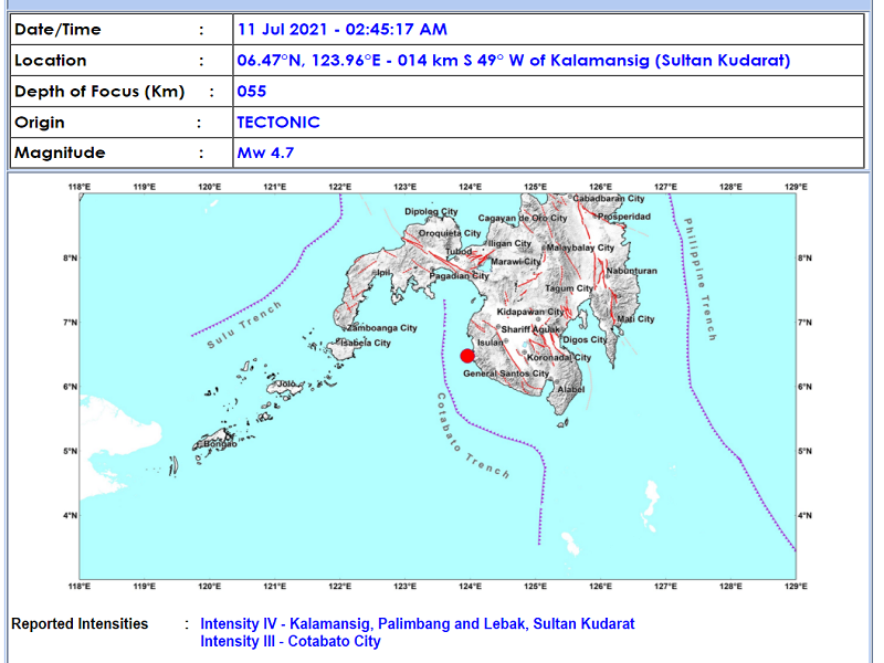 Kalamansig, Sultan Kudarat niyanig ng magnitude 4.7 na lindol