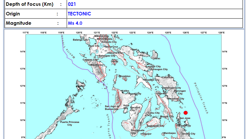 Santa Monica, Surigao Del Norte niyanig ng magnitude 4.0 na lindol