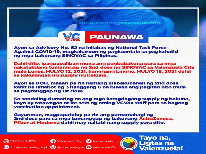 Pagbabakuna ng 2nd dose ng Sinovac sinuspinde sa Valenzuela City dahil sa kakulangan ng suplay