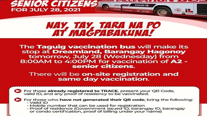 Vaccination Bus ng Taguig biyaheng Barangay Hagonoy ngayong araw para magbakuna sa mga senior citizen