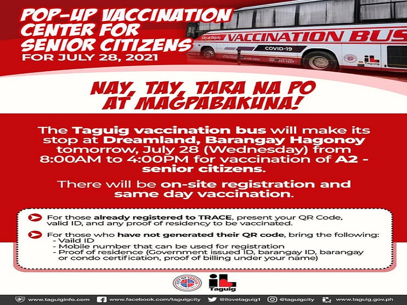 Vaccination Bus ng Taguig biyaheng Barangay Hagonoy ngayong araw para magbakuna sa mga senior citizen