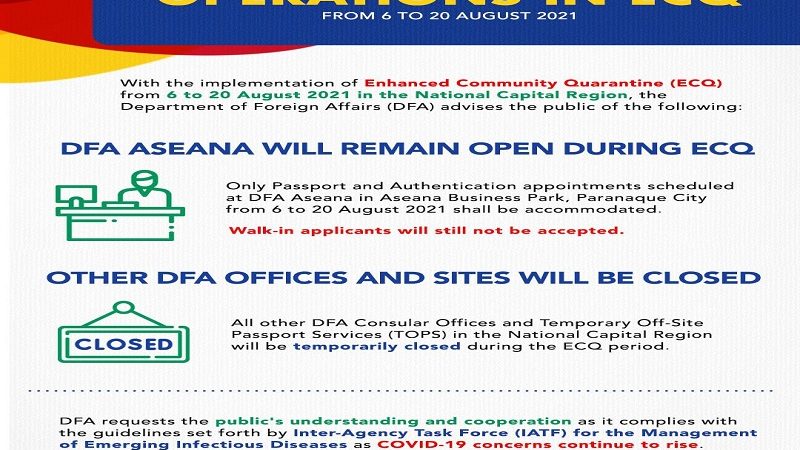 Consular offices ng DFA isasara habang umiiral ang ECQ sa Metro Manila