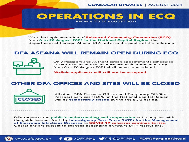 Consular offices ng DFA isasara habang umiiral ang ECQ sa Metro Manila