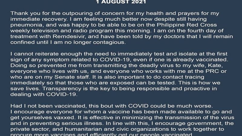 Senator Richard Gordon bumubuti na ang pakiramdam; nananatili pa rin sa ospital