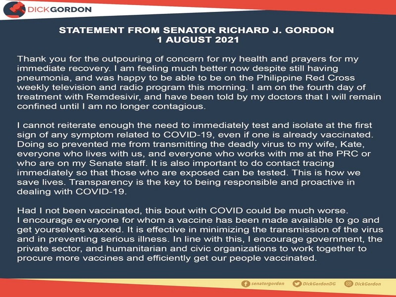 Senator Richard Gordon bumubuti na ang pakiramdam; nananatili pa rin sa ospital