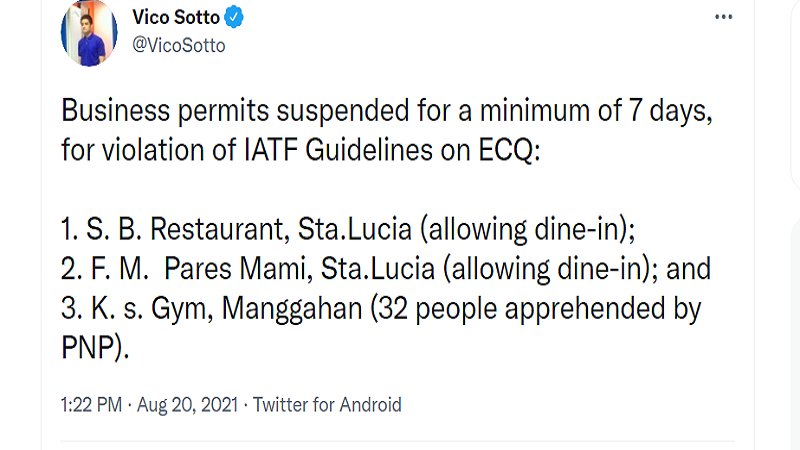 Tatlong establisyimento sa Pasig City pinatawan ng suspensyon dahil sa paglabag sa IATF guidelines