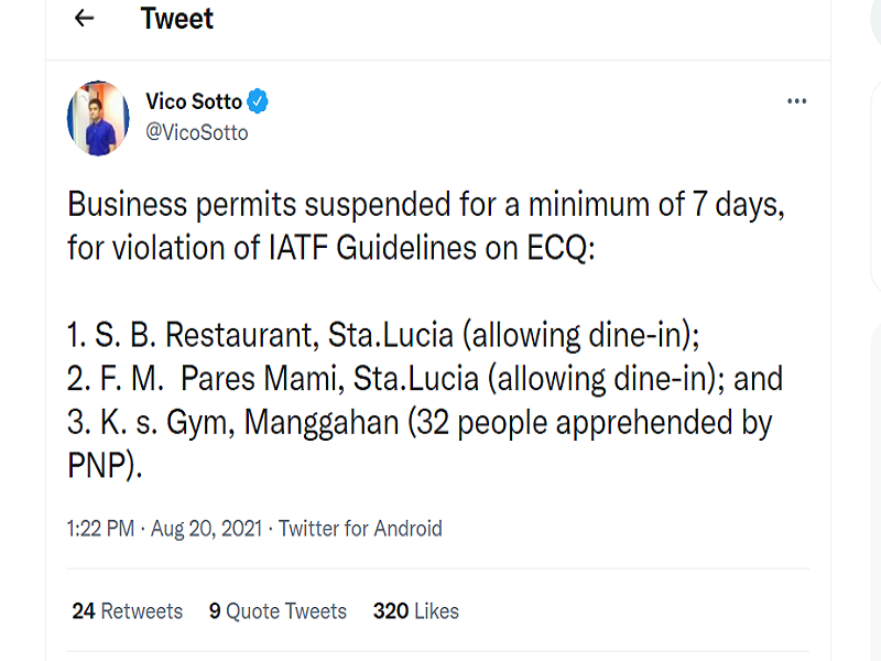 Tatlong establisyimento sa Pasig City pinatawan ng suspensyon dahil sa paglabag sa IATF guidelines