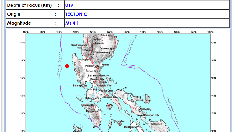 Santa Cruz, Zambales niyanig ng magnitude 4.1 na lindol